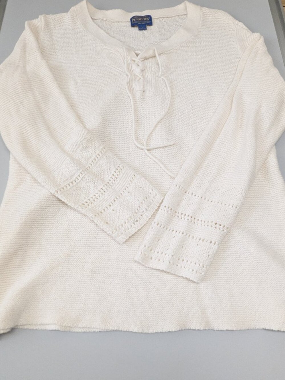 Pendleton Linen Wool Blend Lace Up Sweater Cream Ivory Large